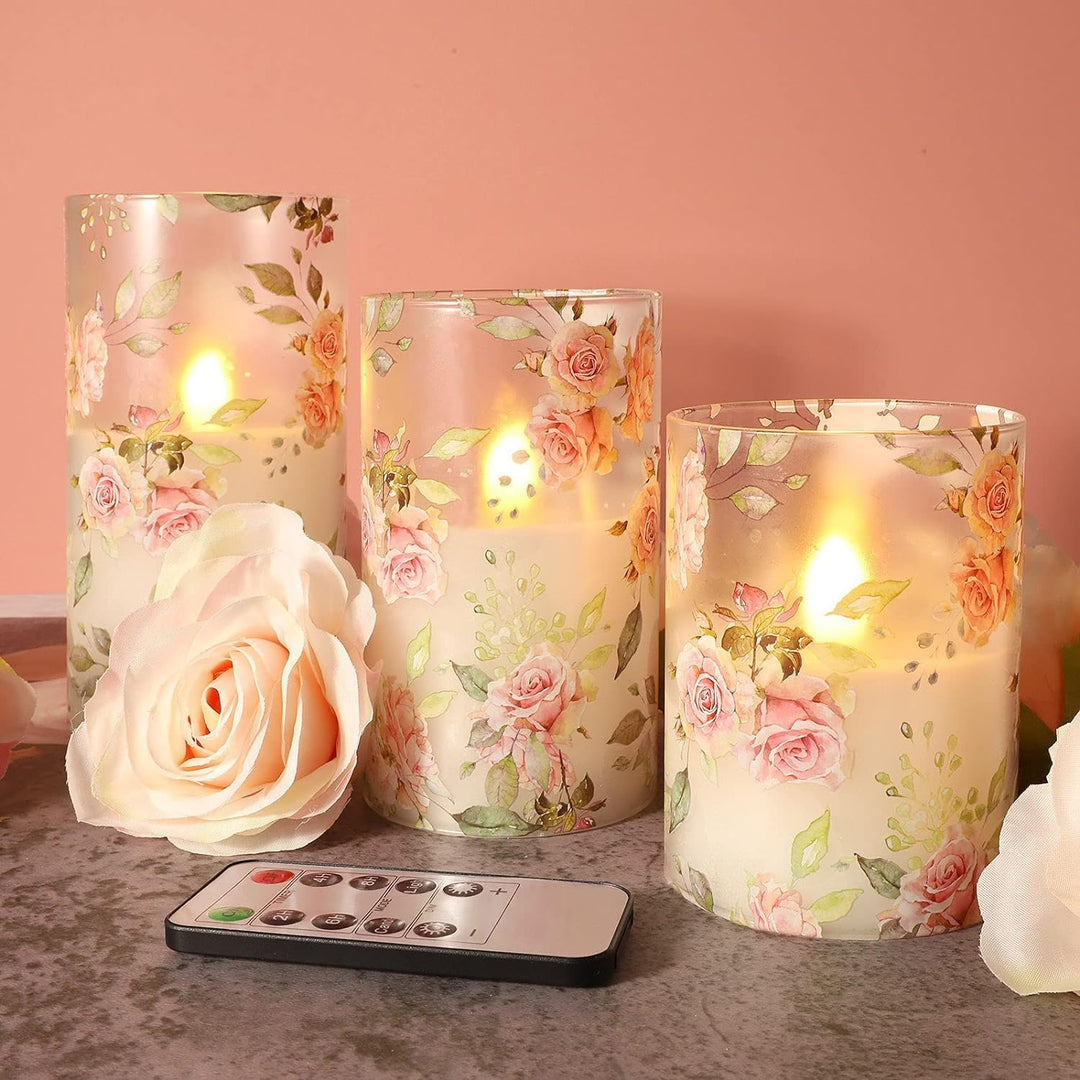 Rose Flameless Candles Love Theme Glass Tumbler Pink LED Candles with Remote - Home Wedding Bedroom Botanical Room Christmas Spring Decor - Set of 3