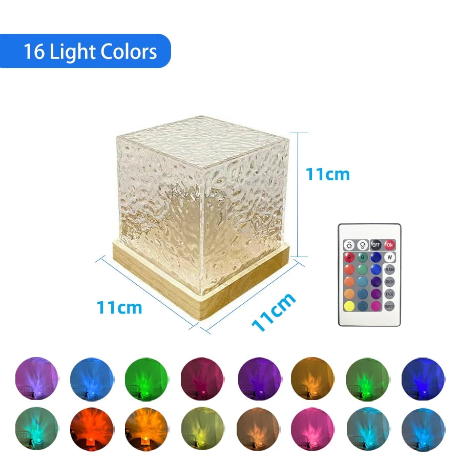 Professional rewritten title:  ```Dynamic Water Ripple Projector Night Light with Rotating Flame Crystal Lamp - 16 Colors for Living Room, Study, and Bedroom```