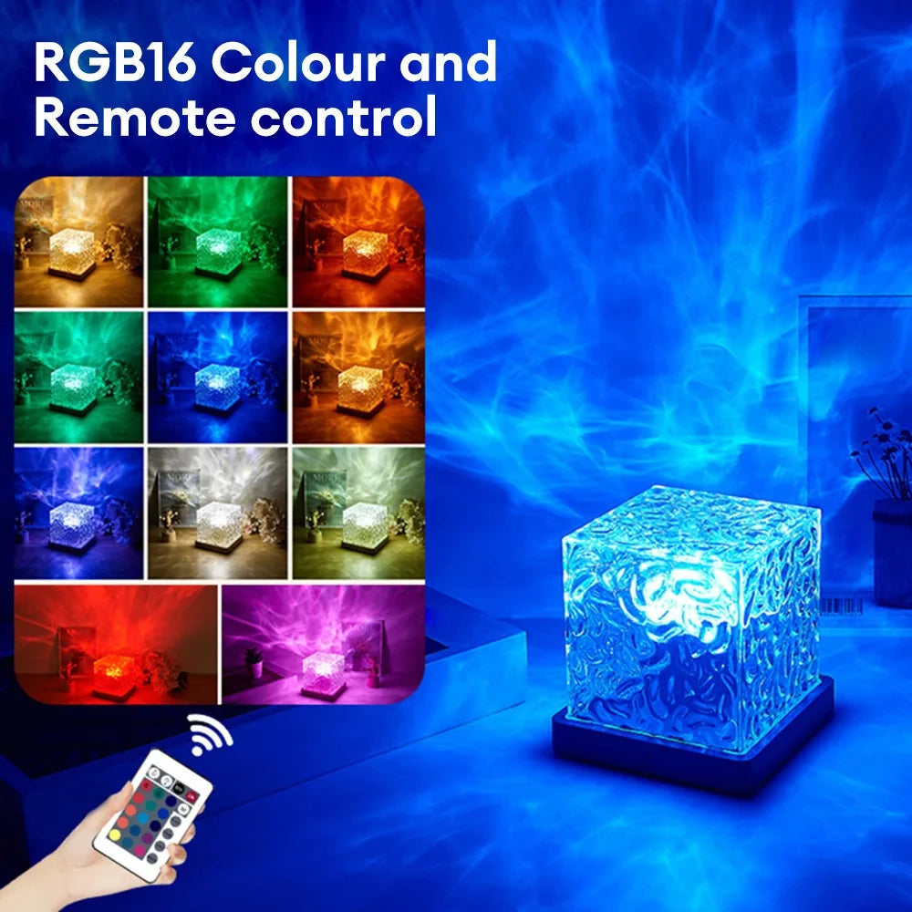 Professional rewritten title:  ```Dynamic Water Ripple Projector Night Light with Rotating Flame Crystal Lamp - 16 Colors for Living Room, Study, and Bedroom```