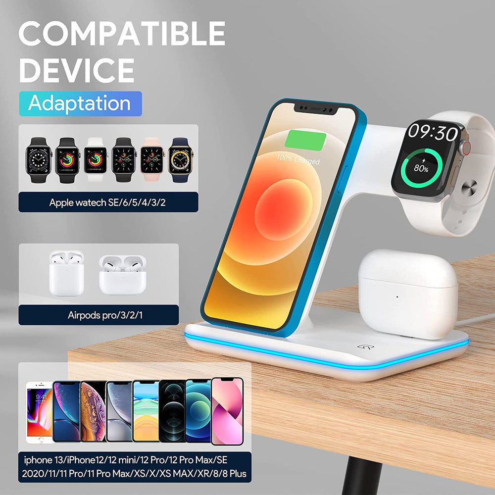 Wireless Charger, 3 in 1 Fast Wireless Charging Station 15W QI Certified Wireless Charger for Iphone 13/13 Pro/13 Pro Max/12/X/Xs Max /8/ Iwatch Series 2/3/4/5 Airpods 2 with QC 3.0 Adapter