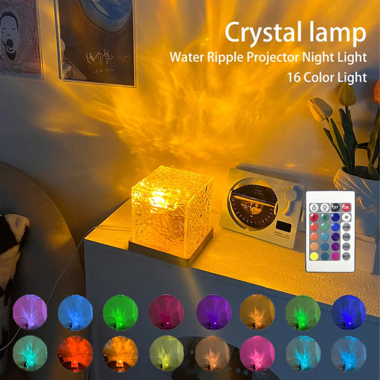 Professional rewritten title:  ```Dynamic Water Ripple Projector Night Light with Rotating Flame Crystal Lamp - 16 Colors for Living Room, Study, and Bedroom```