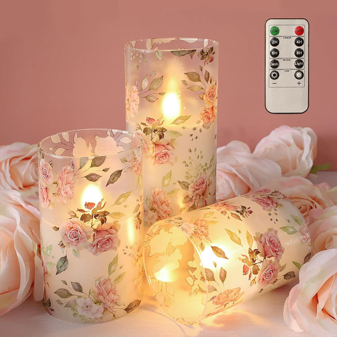 Rose Flameless Candles Love Theme Glass Tumbler Pink LED Candles with Remote - Home Wedding Bedroom Botanical Room Christmas Spring Decor - Set of 3