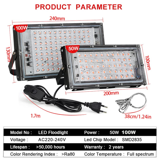 50W 100W 220V Outdoor Led Floodlight Full Spectrum LED Plant Growth Lamp Led Spotlight Projector Streetlight Led Grow Light