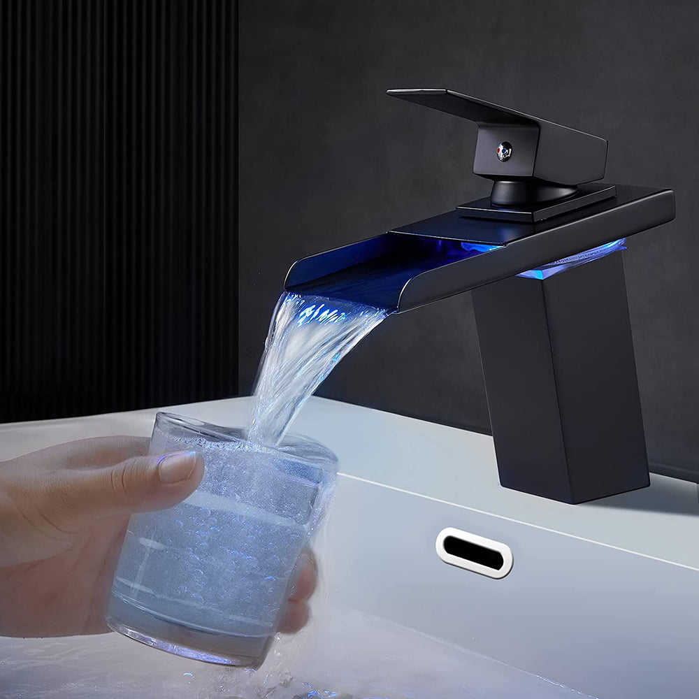 LED Light Bathroom Sink Faucet, 3 Colors Changing Waterfall Spout, Hot and Cold Water Mixer Tap, Black
