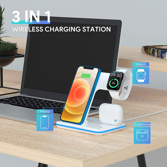 Wireless Charger, 3 in 1 Fast Wireless Charging Station 15W QI Certified Wireless Charger for Iphone 13/13 Pro/13 Pro Max/12/X/Xs Max /8/ Iwatch Series 2/3/4/5 Airpods 2 with QC 3.0 Adapter