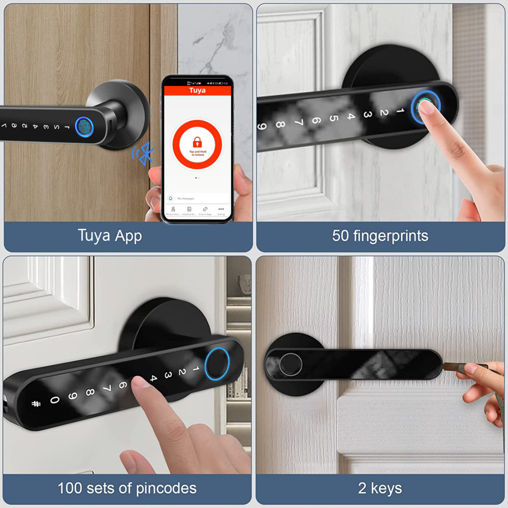 Smart Door Lock,Keyless Entry Door Lock with Handle,Fingerprint Door Lock with Tuya App,Smart Door Knob with Key for Home Bedroom