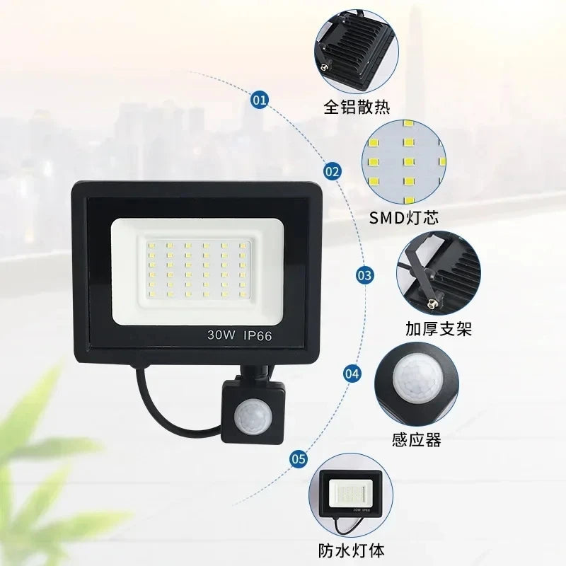 LED PIR Motion Sensor Floodlight Outdoor Wall Light White Light 100W 50W 30W 20W 10W IP66 Waterproof LED Spotlight for Garden