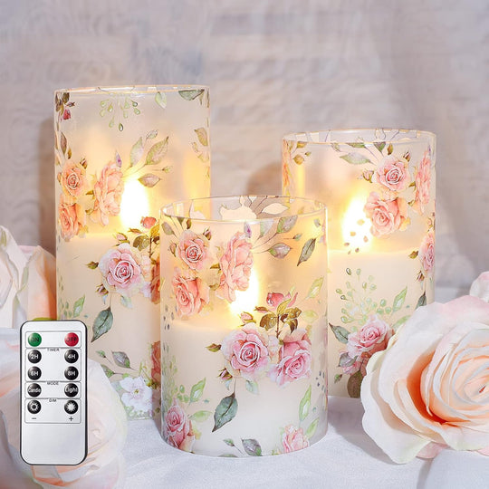 Rose Flameless Candles Love Theme Glass Tumbler Pink LED Candles with Remote - Home Wedding Bedroom Botanical Room Christmas Spring Decor - Set of 3